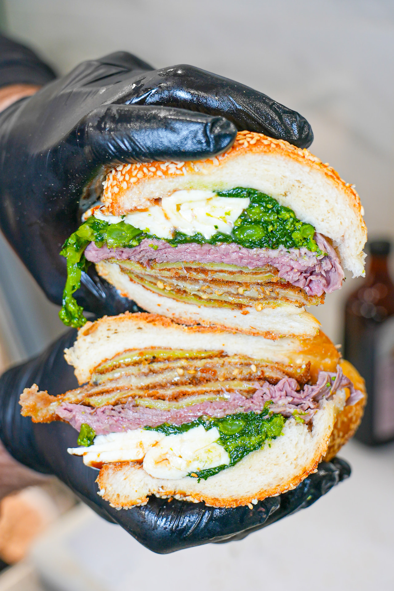The famous roast pork and broccoli rabe sandwich
