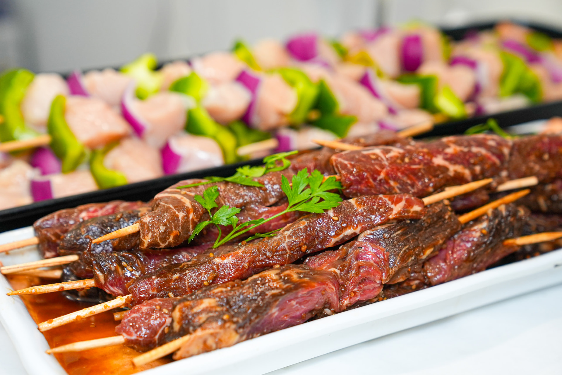 Marinated steak and chicken skewers
