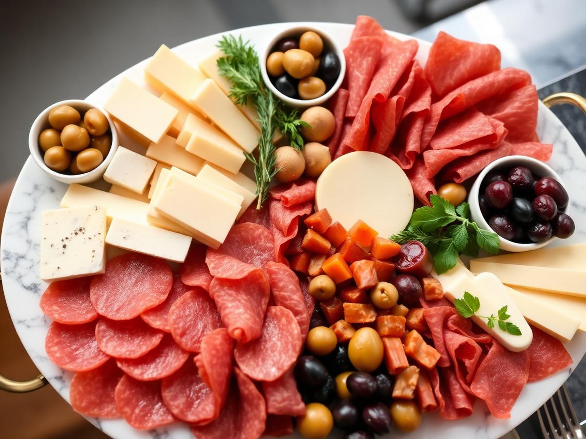 Italian catering tray with salumi, cheese, olives, and antipasti