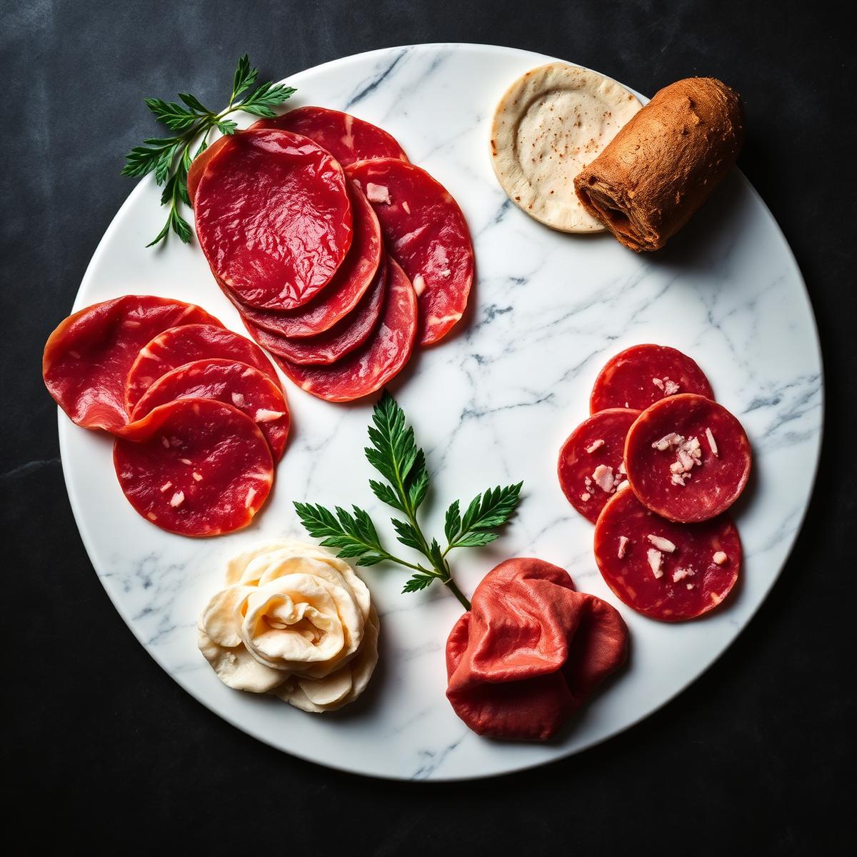 Fresh Italian salumi and prosciutto on a marble board